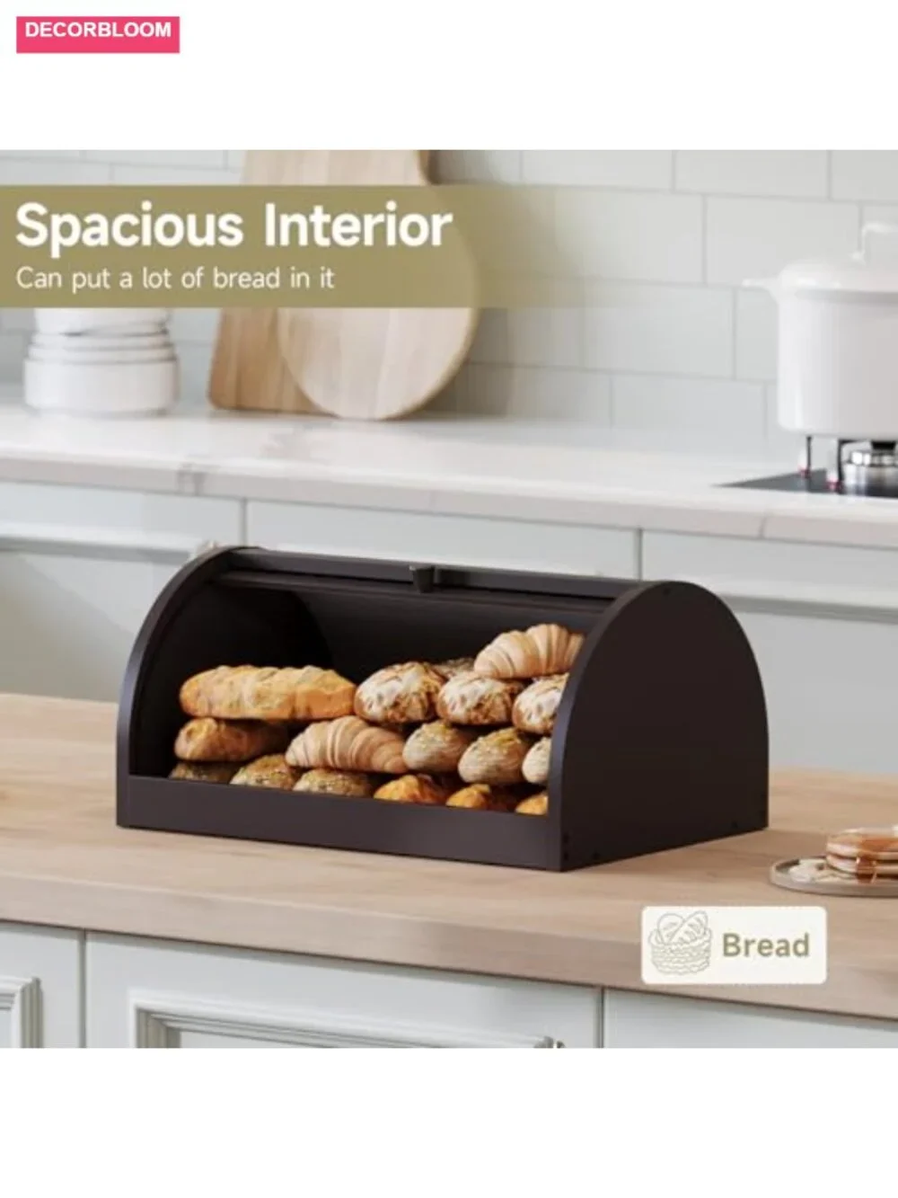 Large Capacity Roll-Top Bamboo Bread Box for Kitchen Countertop Storage